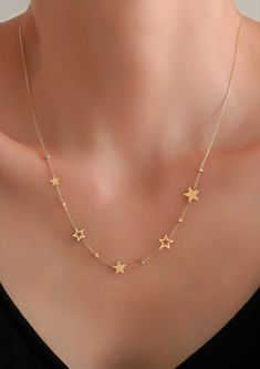 "14K Solid Gold Star Striped Dorica Necklace / Dainty Minimalist Ethnic Necklace  * Gold KT: 14K Solid Gold * Chain Lengths: 14\", 15\", 16'' 18\", 20\", 22\", 24\" * The length of the chain in the photo is 20 inches. Follow on Instagram - @bayargold.tr My Web Site - https://www.bayargold.com * Bayar Gold is a fine jewelry company. Please do not hesitate to ask us questions. We are always here to help you. * All items are packed in the high-quality jewelry box. The gift message is available. Ple Star Gold Necklace, Stars Necklace, Elegant Star Necklace, Bohemian Gold Star Jewelry, Handmade Gold Star Necklace, Simple Gold Chain, Bohemian Star-shaped Gold Jewelry, Handmade Star-shaped Gold Necklace, Simple Gold Necklace