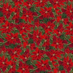 a red and green background with poinsettia flowers in the center, surrounded by leaves