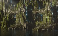 an image of a futuristic city that appears to be floating in the water at night