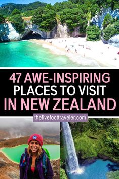 a woman standing in front of a waterfall and the words, 47 awe - inspired places to visit in new zealand