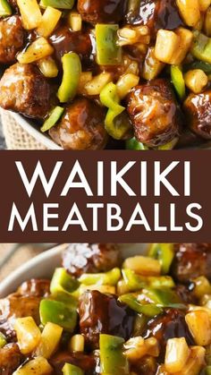 the recipe for waki meatballs is shown in two different pictures with text overlay