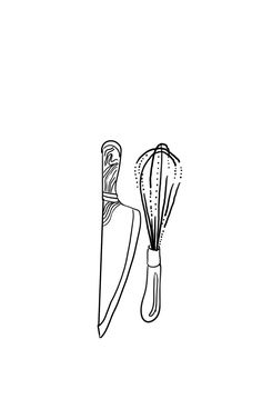 a whisk and a beater drawn in black ink on a white background