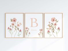 three floral prints with the letter b on them