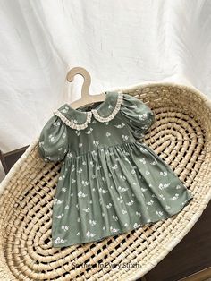 Green  Collar Short Sleeve Woven Fabric Floral,Plants,All Over Print Smock Embellished Non-Stretch  Baby Girls Clothing Block Printing Clothes, Cottage Core Baby Clothes, Dress Anak, Kids Fashion Dress, Bubble Hem, Dress Sewing Pattern, Short Sleeve Dress, Fashion Kids