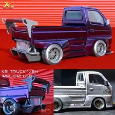 three different pictures of the same truck with wheels and rims, one in purple and one in red