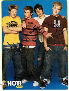 four young men standing next to each other in front of a blue background with the words hot on it