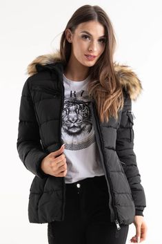 Kids Black Faux Fur Hood Quilted Puffer Jacket - Mila | Storm Desire Winter Quilts, Black Faux Fur, Winter Coats Jackets, Fur Trim