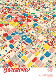 an illustrated map of barcelona in red, yellow and blue