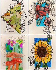 four pictures with flowers, mushrooms and butterflies on them are shown in the middle one is made out of colored paper