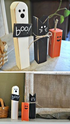 halloween decorations made out of toilet paper and wooden sticks