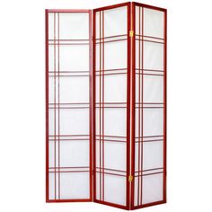 a tall red and white room divider with two panels on each side, in front of a white background