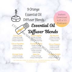 PLEASE READ BEFORE PLACING YOUR ORDER ✧Description✧ Tired of scrolling through your pictures/Instagram/Pinterest to try to find essential oil diffuser blends? This Orange Essential Oil Diffuser Blends Recipe Card is perfect to save on your phone, or print out and keep by your essential oils or send as happy mail to your essential oil downline/oily friends! On the recipe card, I share 9 of my favorite Orange Essential Oil Diffuser Blends! ✧Each Order Includes: (1) Orange Essential Oil Diffuser Bl Lavender Diffuser, Essential Oil Labels, Essential Oil Diffuser Blends Recipes, Essential Oil Spray, Lime Essential Oil, Essential Oil Diffuser Recipes, Oil Diffuser Recipes, Essential Oil Blends Recipes, Diffuser Blend