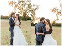 the bride and groom are posing for pictures in their wedding day attire, while the sun is setting