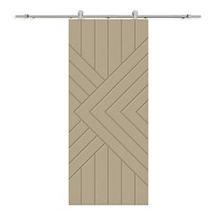 a beige door with an arrow design on the front and side panels, hanging from a metal rod