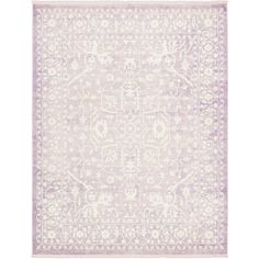 a light purple and white rug with an ornate design on the bottom, in front of a