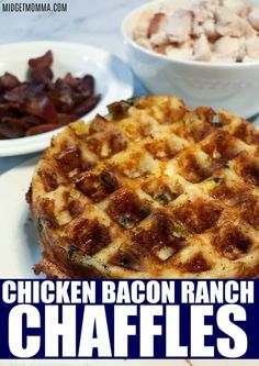 chicken bacon ranch waffles on a white plate