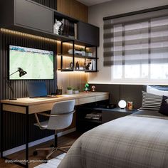 a bed room with a neatly made bed and a flat screen tv mounted to the wall