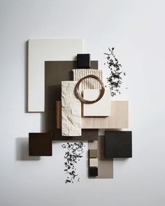 an assortment of different materials are arranged on the wall