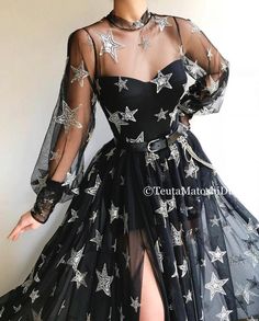 Starry Queen Gown | Teuta Matoshi Hoco Dresses Purple, Queen Gown, Detailed Black Dress, Hoco Dresses Long Sleeve, Shiny Dresses, Unique Prom Dresses, A Line Prom Dresses, Korean Girl Fashion, Dress Shapes