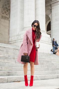 Red Boots Outfit, Red Ankle Boots, Color Dresses, Red Sweater Dress, Office Outfits Women, Red Dress Outfit, Pink Coat, Red Boots, Coat Outfits