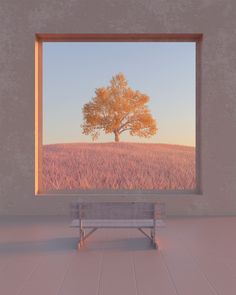 a bench sitting in front of a window with an image of a tree on it