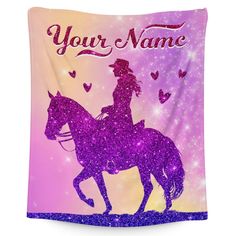 a purple and pink wall hanging with a girl on a horse in the background that says your name