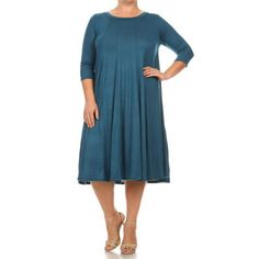 Women's casual Basic style solid 3/4 sleeve maxi dress. A line, Round neck ,casual style,3/4 sleeve, loose fit ,swing hem and pleated t-shirt flowy dress, simple and classy design. Size: 2X.  Color: Blue.  Gender: female.  Age Group: adult. Blue Dress Plus Size, Best Plus Size Dresses, Midi Skirt Casual, Solid Midi Dress, Moa Collection, Midi Dress Casual, Plus Size Activewear, Women's Slippers, Trendy Style