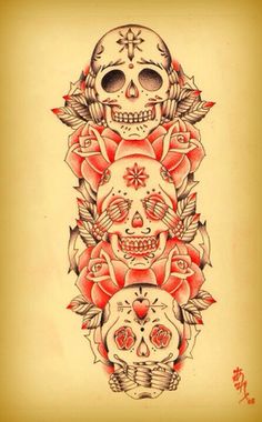 a drawing of three skulls with roses on them