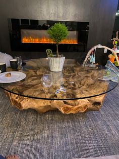 a coffee table made out of driftwood with a plant in the middle on top