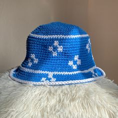 Blue and White Flower Crochet Trendy Bucket Hat, Hand Knit Cotton Unique Bucket Hat - Etsy Denmark