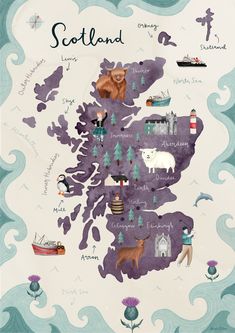 an illustrated map of scotland with animals and places to go on it's side