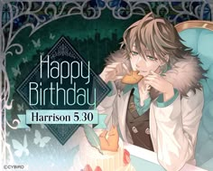 an anime character holding a cake with the caption happy birthday harrison, 30 years old