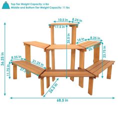 a wooden bench and table with measurements for it