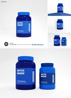 bottles mockup with blue caps and labels on the front, back and side views