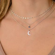 This layered moon and evil eye necklace is a set of 3. The chains are solid sterling silver 925. They have an extension so that the size can be adjusted. The one necklace has a tiny evil eye. The second necklace has small silver crescent moon pendant. The third necklace is a plain chain. If you would like a custom order or have any questions please contact me, thanks. Silver Layered Necklace With Moon Charm As A Gift, Silver Layered Moon Charm Necklace For Gift, Silver Layered Necklace With Moon Charm For Gift, Silver Jewelry Necklaces, Silver Boho Necklace, Rhodochrosite Necklace, Pink Gemstone Necklace, Star Anklet, Double Horn Necklace