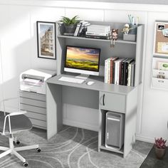 a computer desk with a monitor and keyboard