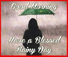 a woman holding an umbrella in the rain with words good morning have a blessed rainy day