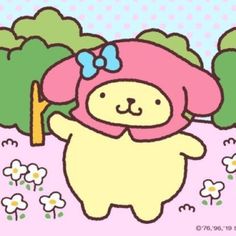 a cartoon bear with a pink hat and blue bow standing in front of some trees