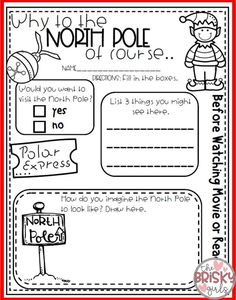 the north pole worksheet is shown in red and white with black writing on it