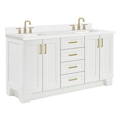 a white bathroom vanity with two sinks and gold faucets on the top, against a white background