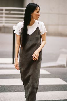 Anaise Slip Dress, Japanese Cupro, Walnut | OZMA Layering A Slip Dress, Dress Over Long Sleeve Shirt, Spaghetti Strap Dress With Shirt Under, Strap Dress With Shirt Under, 90s Slip Dress Outfit, Dress Over Long Sleeve, Slip Dress Layering, Cupro Dress, Dress Layering