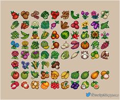 a cross stitch pattern with many different fruits and vegetables