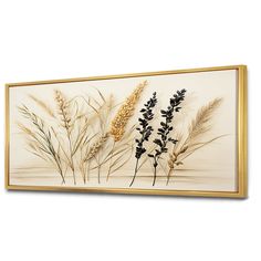 an art piece with three different types of plants on it's side, one is gold and the other is white