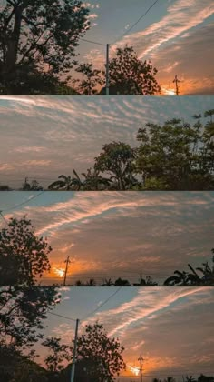 the sun is setting behind some trees and clouds in the sky, with power lines running through them