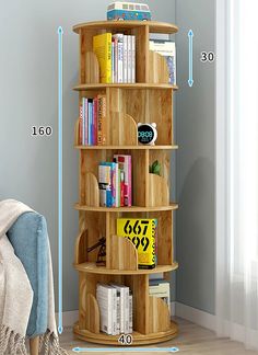 a wooden book shelf sitting next to a window