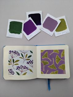 an open book with four different color samples in it