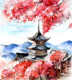 a watercolor painting of a pagoda with trees in the foreground and mountains in the background