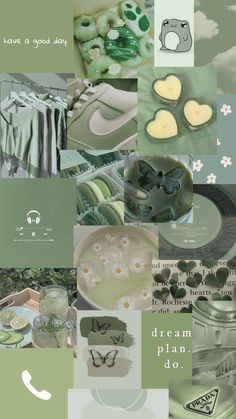 the collage shows many different things in green and grey colors, including white flowers