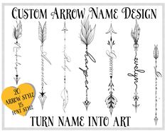 the custom name tattoo design is shown in black and white, with arrows on each side