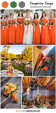 an orange and gray wedding color scheme with bridesmaid dresses, flowers, and bouquets